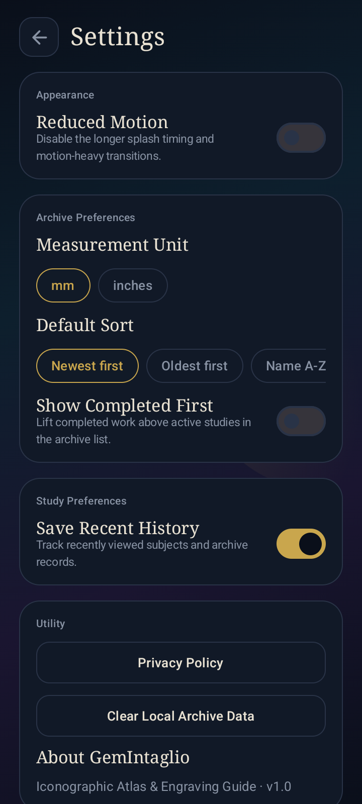 GemIntaglio settings screen